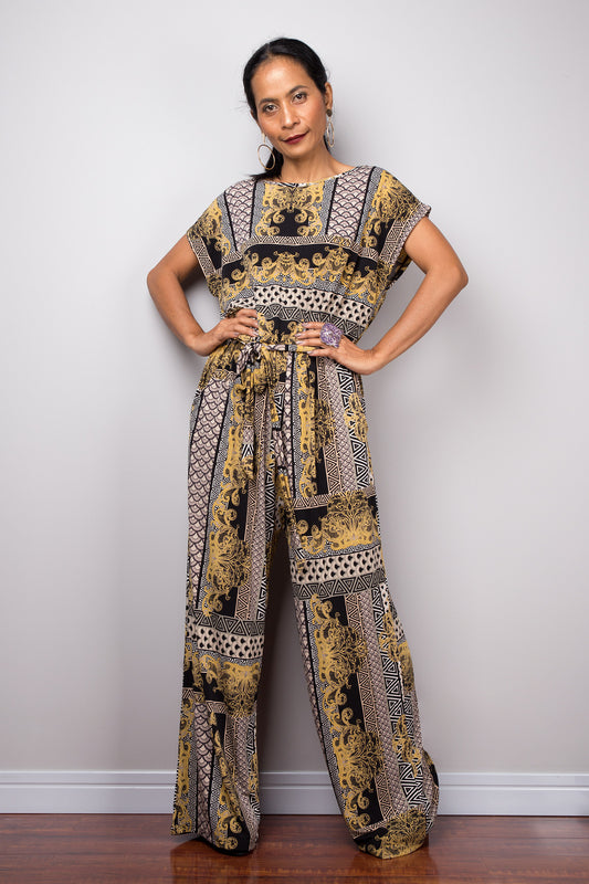 Boho cap sleeve Jumpsuit | One piece jumper pantsuit with pockets and matching sash