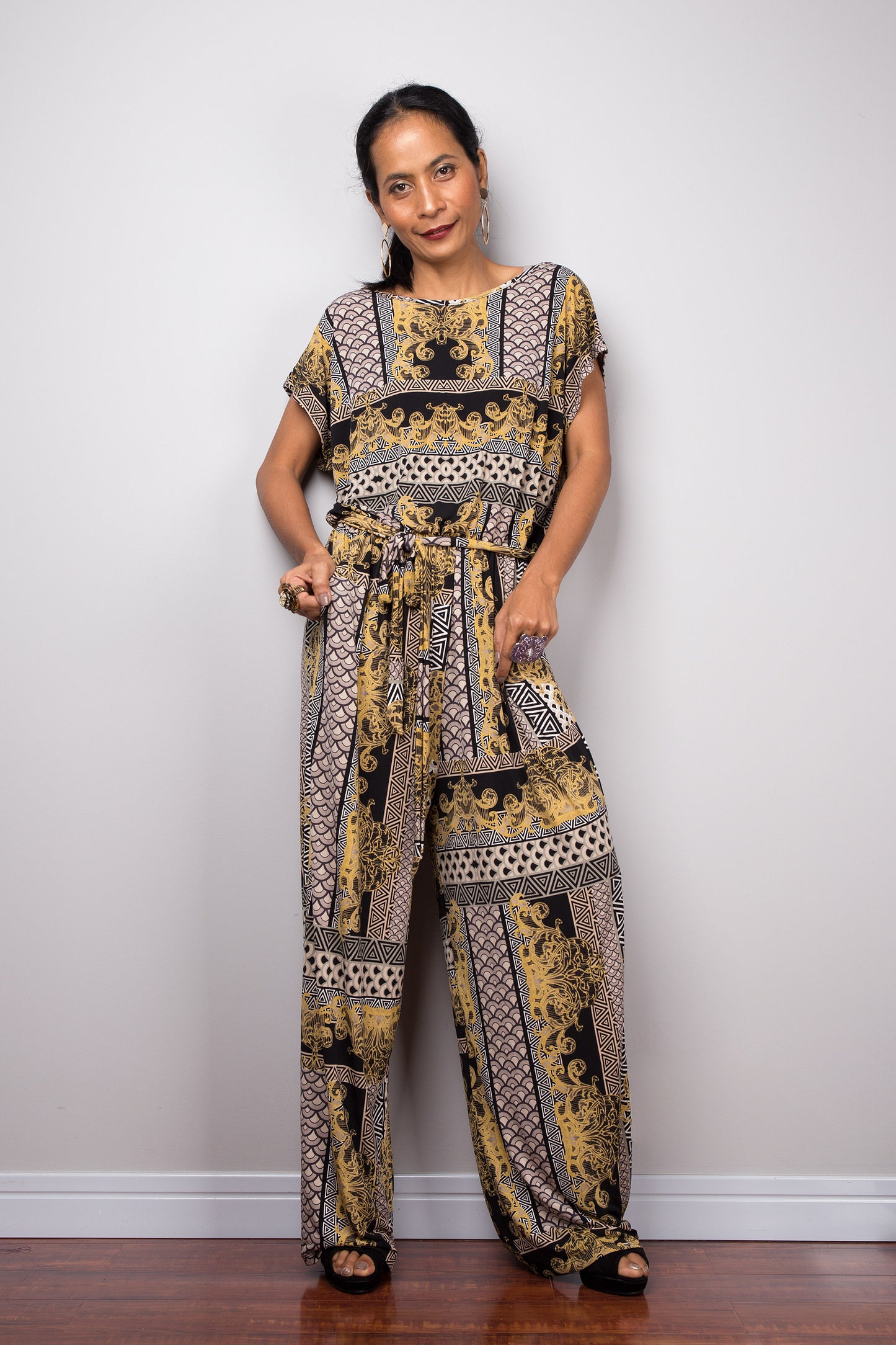 Boho cap sleeve Jumpsuit | One piece jumper pantsuit with pockets and matching sash