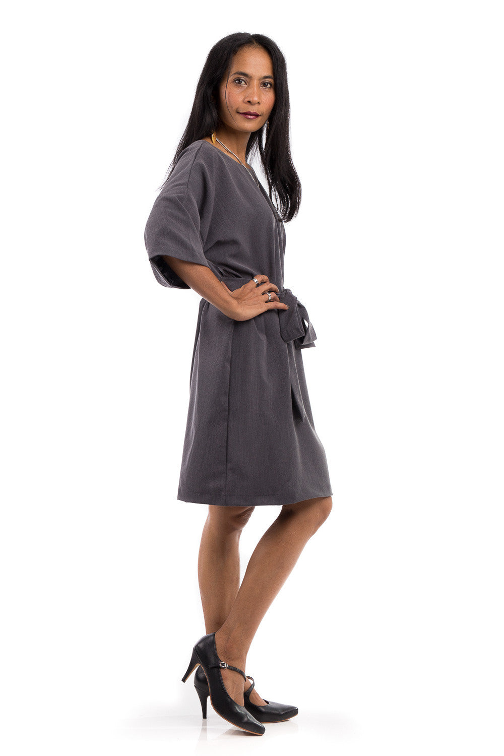 Short grey summer dress.  Modest grey dress with medium length sleeves and a subtle plunging neckline in the back.