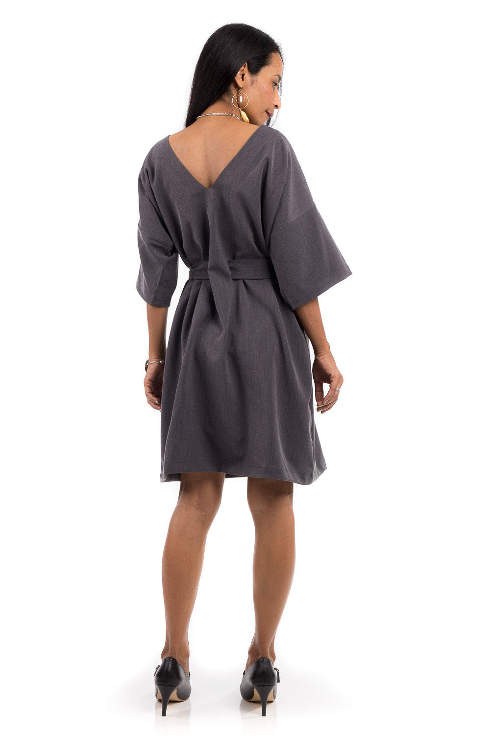 Short grey summer dress.  Modest grey dress with medium length sleeves and a subtle plunging neckline in the back.