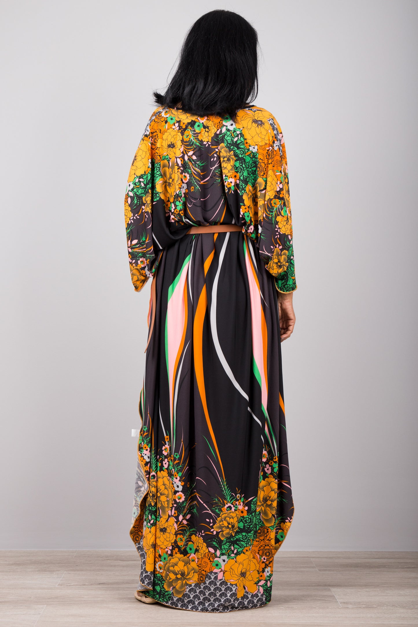 Floral kaftan dress - back view.  Buy Flower print Maxi & Midi Dresses online from Nuichan.