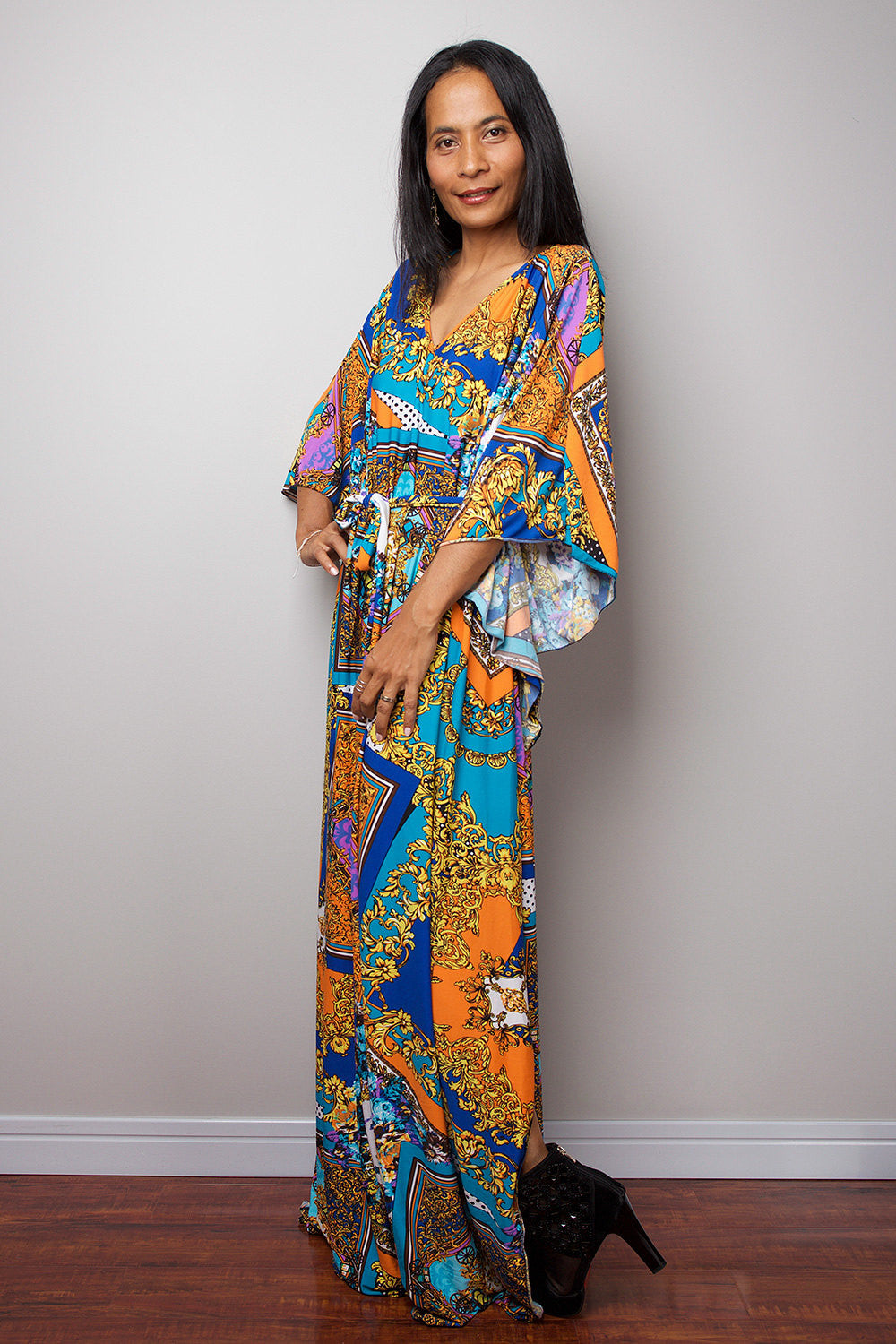 Blue orange print dress, kaftan dress, loose fit maxi dress, boho print dress, maxi dress with subtle neckline, boho dress by Nuichan