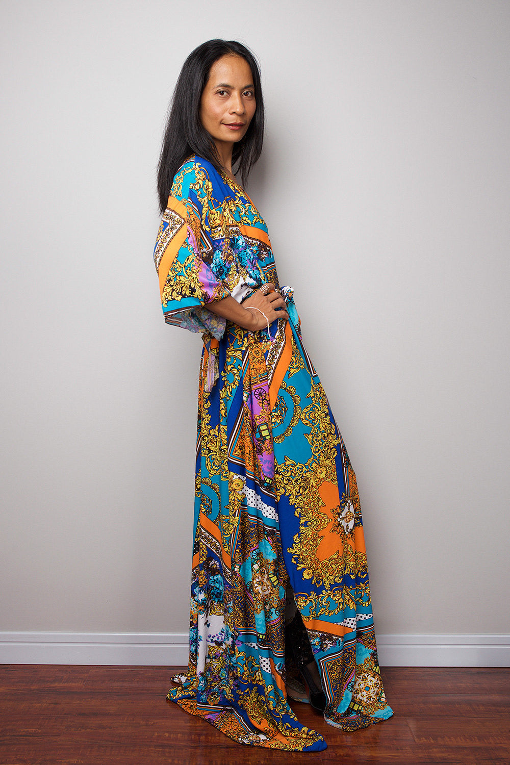 Blue orange print dress, kaftan dress, loose fit maxi dress, boho print dress, maxi dress with subtle neckline, boho dress by Nuichan