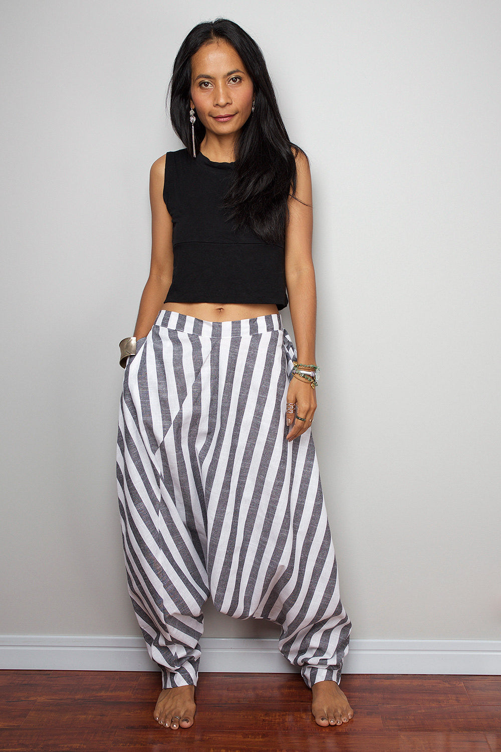 harem pants, low crotch pants, striped pants by Nuichan