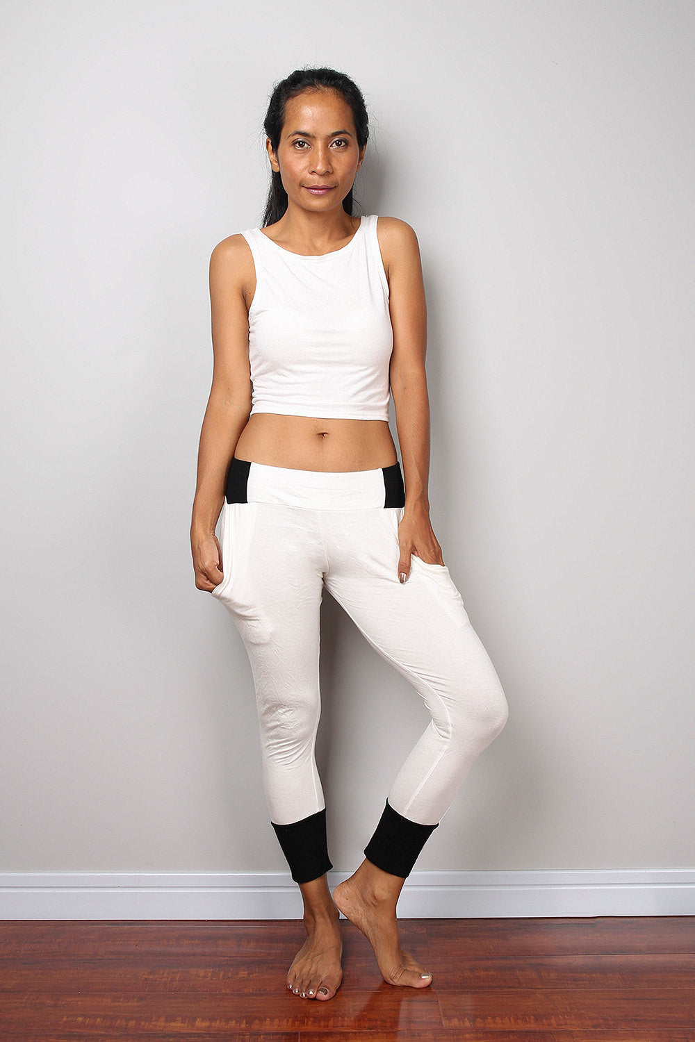 off-white legging pants with black cuffs on the bottom, off-white yoga pants by Nuichan