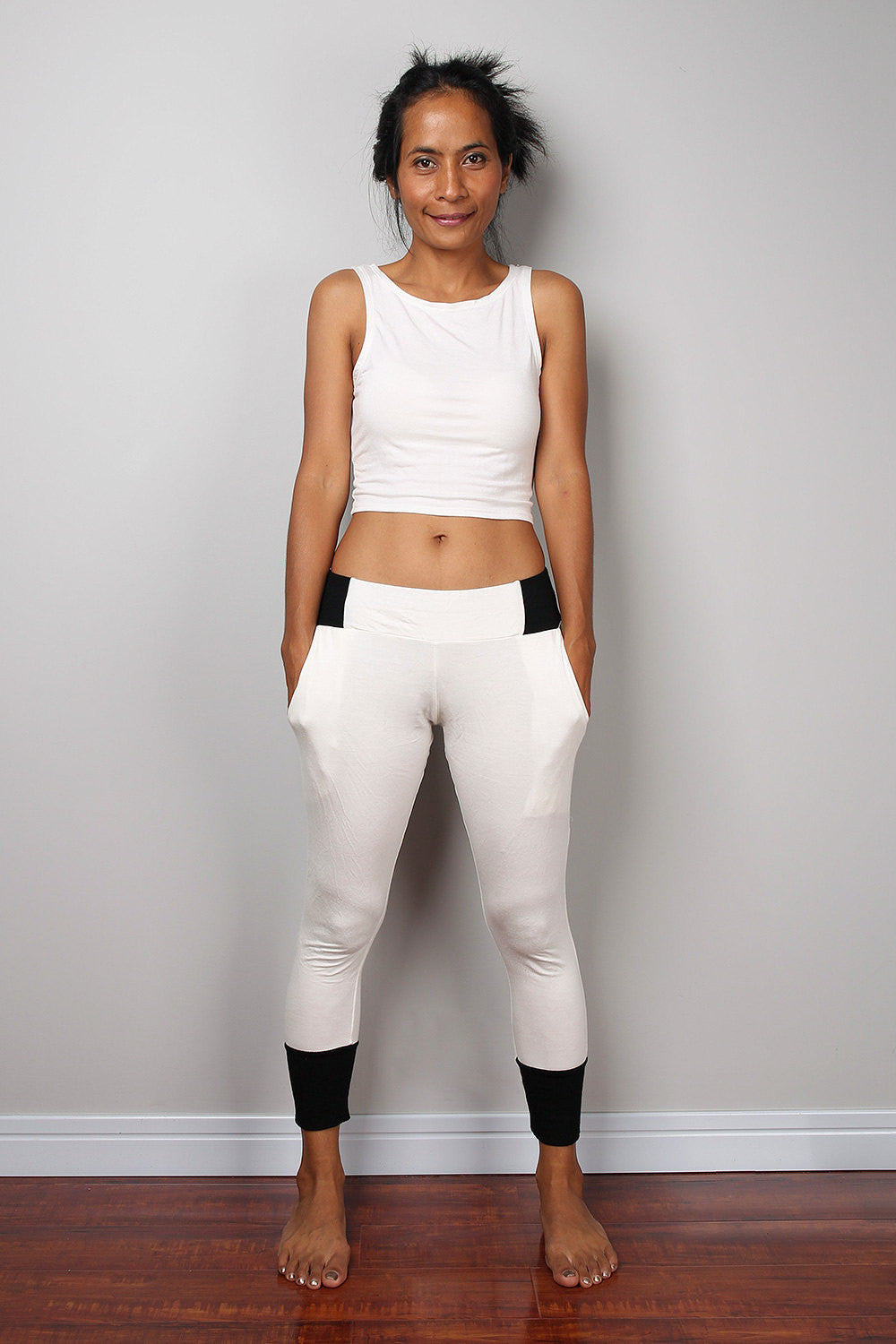 off-white legging pants with black cuffs on the bottom, off-white yoga pants by Nuichan