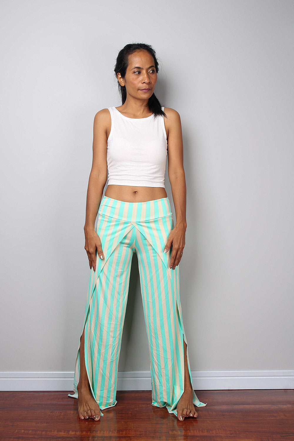 green and cream striped pants, split pants, yoga pants, comfy pants by Nuichan