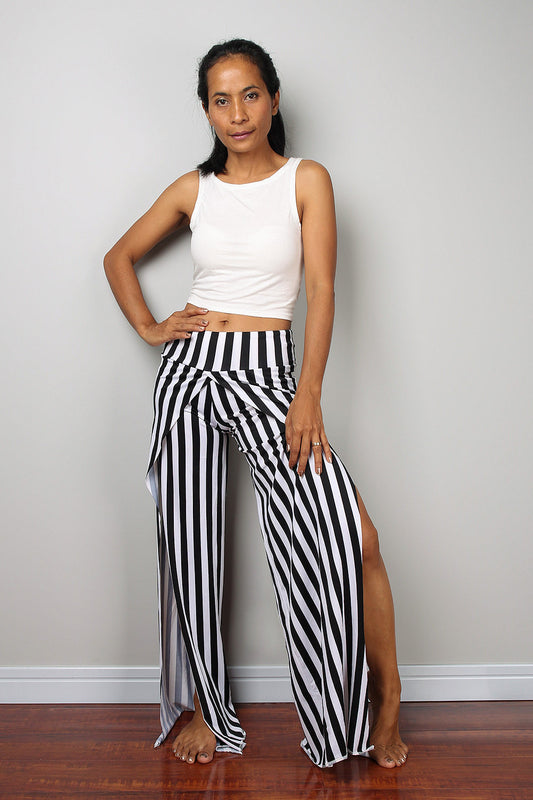 black and white striped pants, split pants, yoga pants, comfy pants by Nuichan