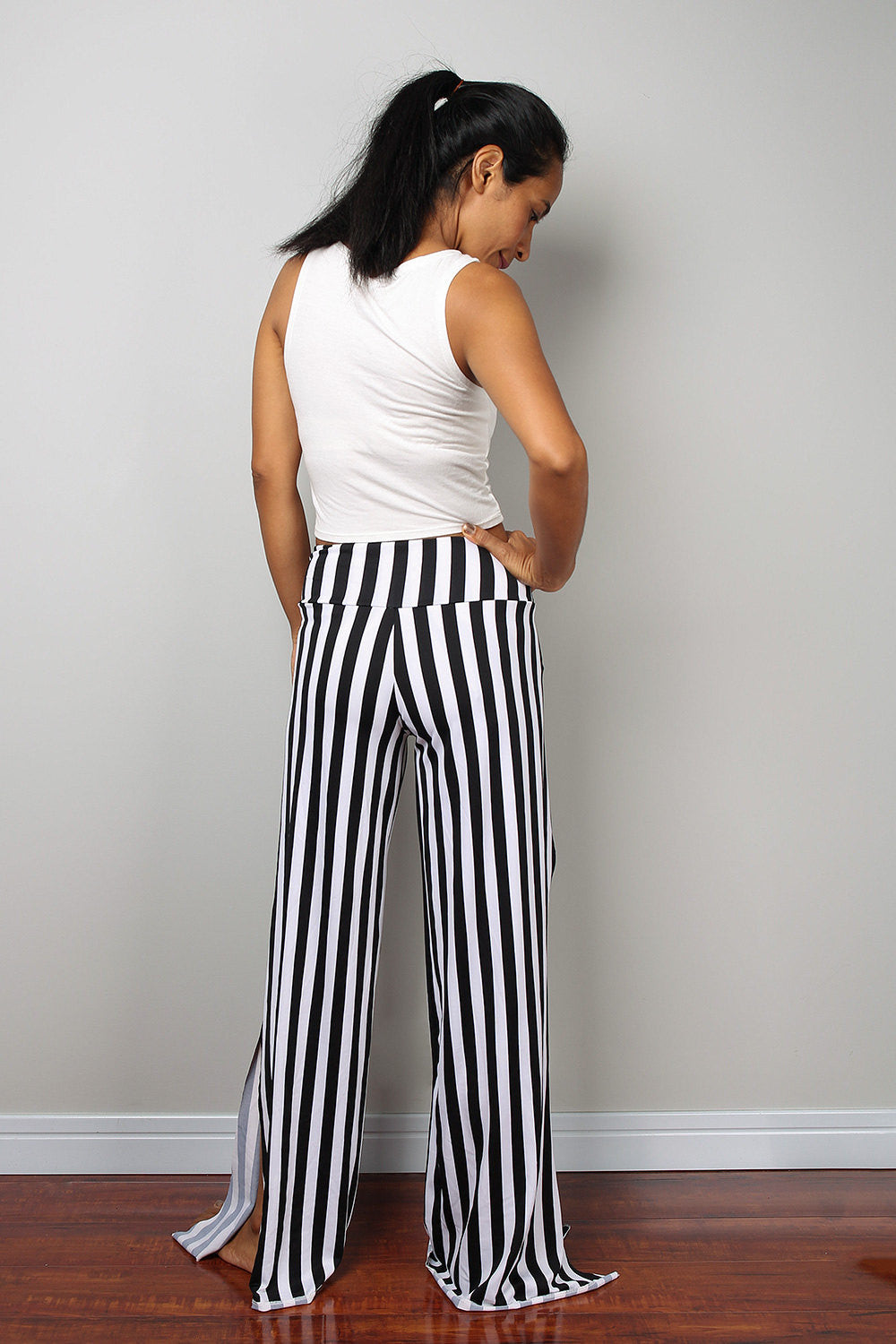 black and white striped pants, split pants, yoga pants, comfy pants by Nuichan