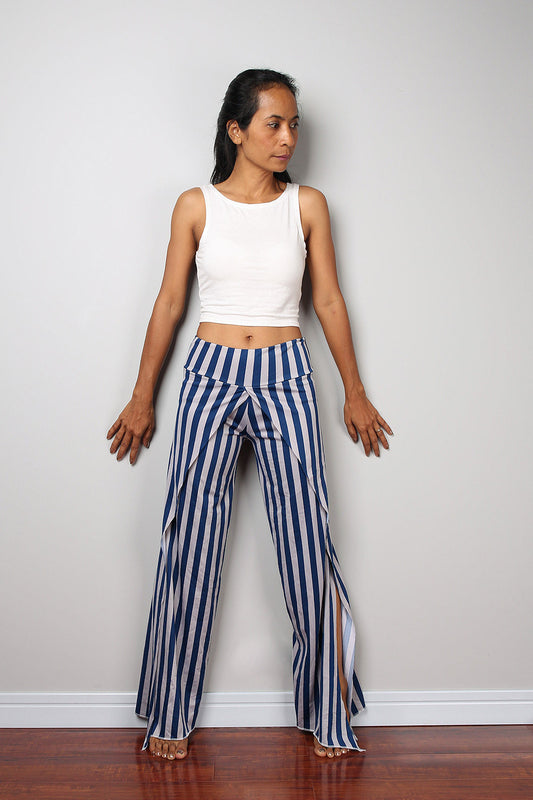 blue and grey striped pants, split pants, yoga pants, comfy pants by Nuichan