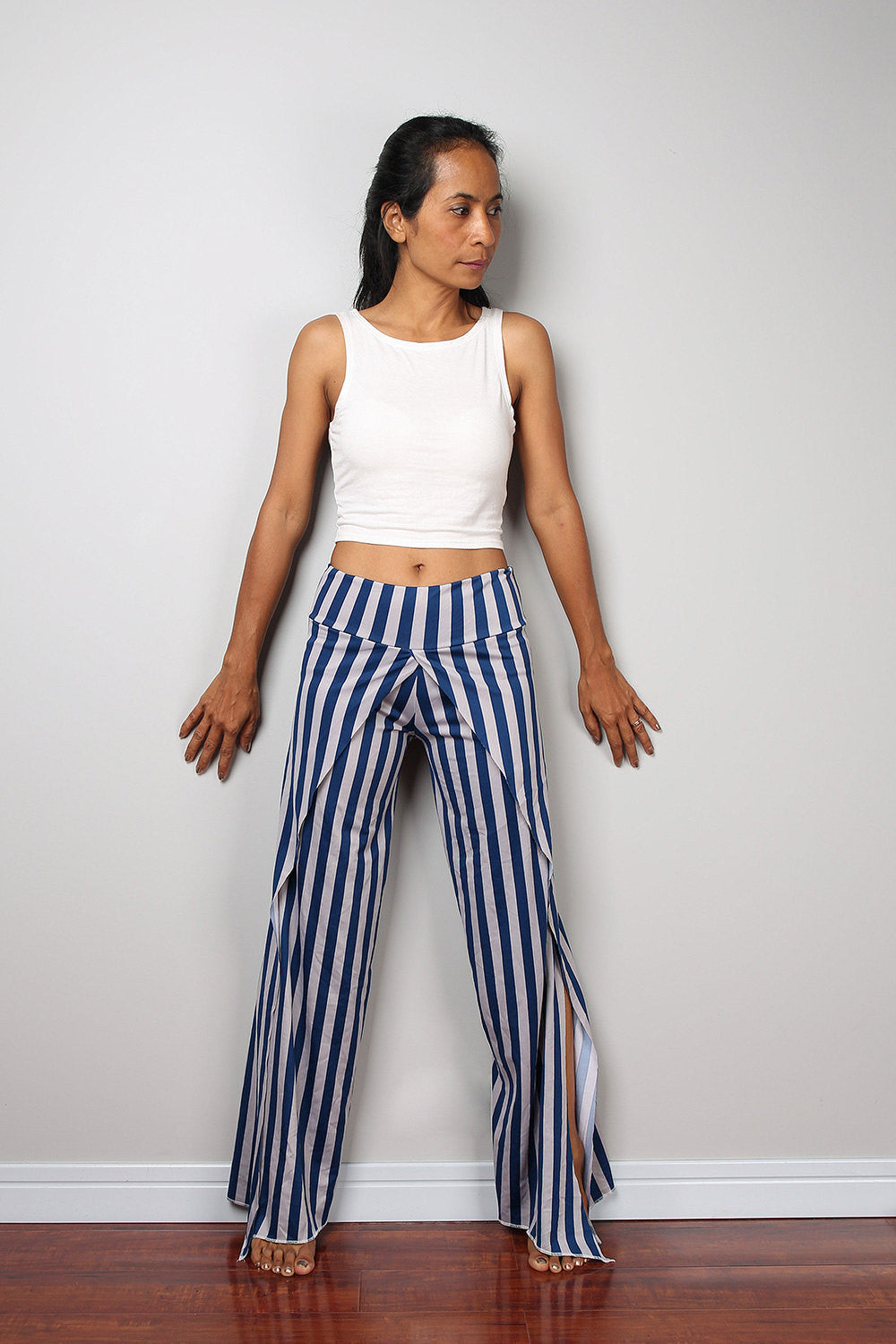 Striped pants / Blue and grey yoga pants / long blue striped pants / S –  Nuichan