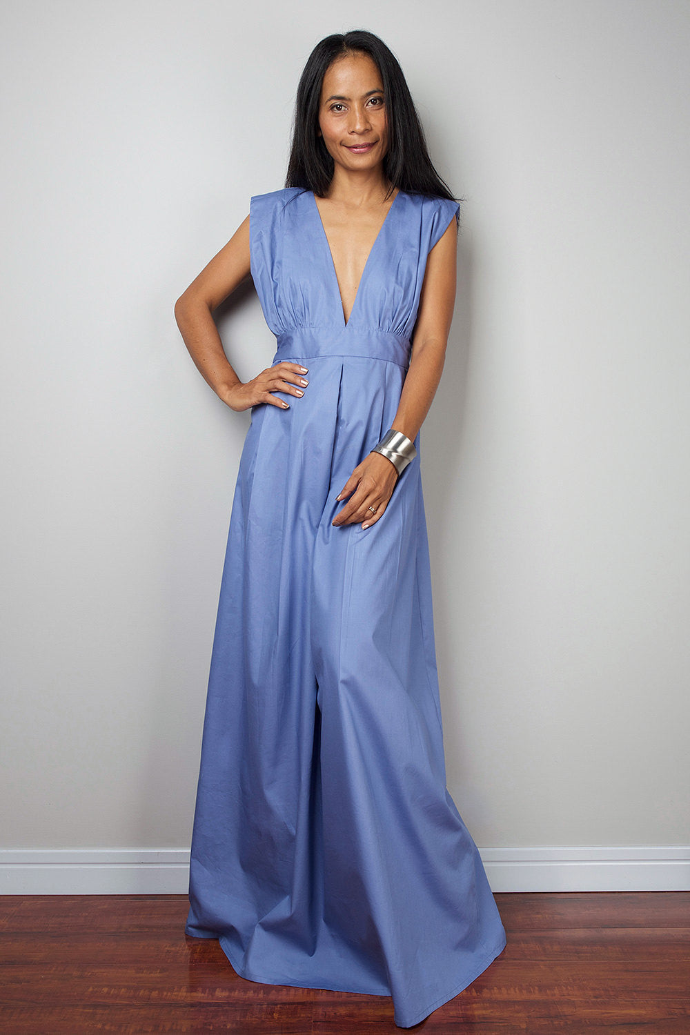 Blue maxi dress, bridesmaid dress with plunging neckline, sleeveless blue dress by Nuichan