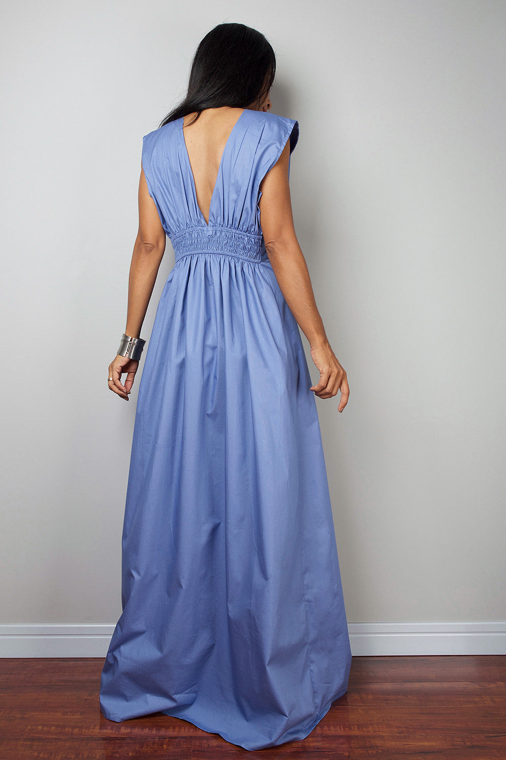 Blue maxi dress, bridesmaid dress with plunging neckline, sleeveless blue dress by Nuichan