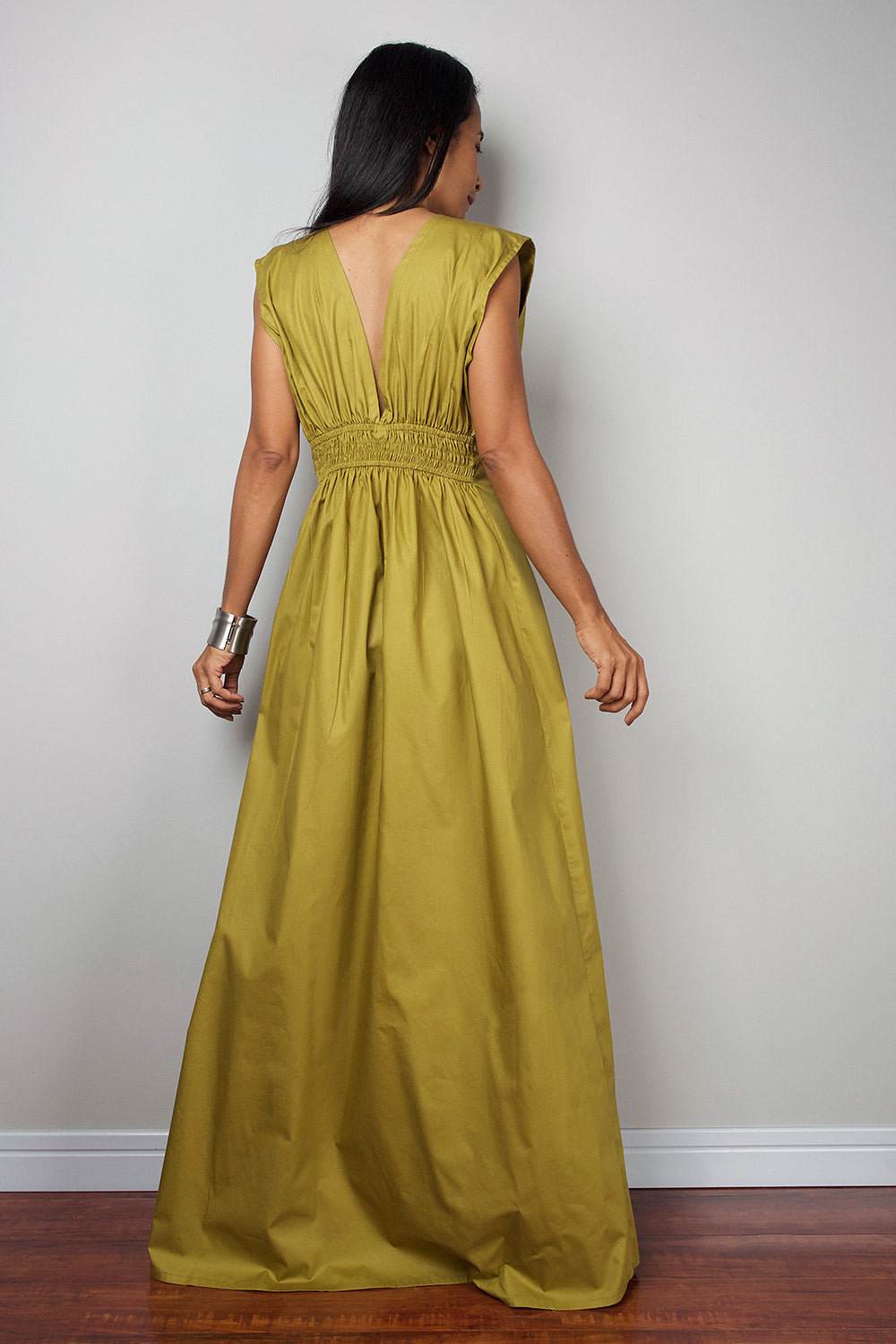 Olive green dress, green maxi dress, high waist dress, low plunging dress, sleeveless dress, bridesmaid dress by Nuichan