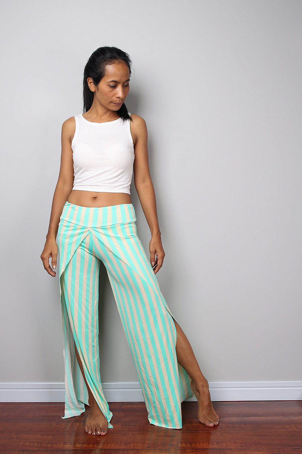 green and cream striped pants, split pants, yoga pants, comfy pants by Nuichan