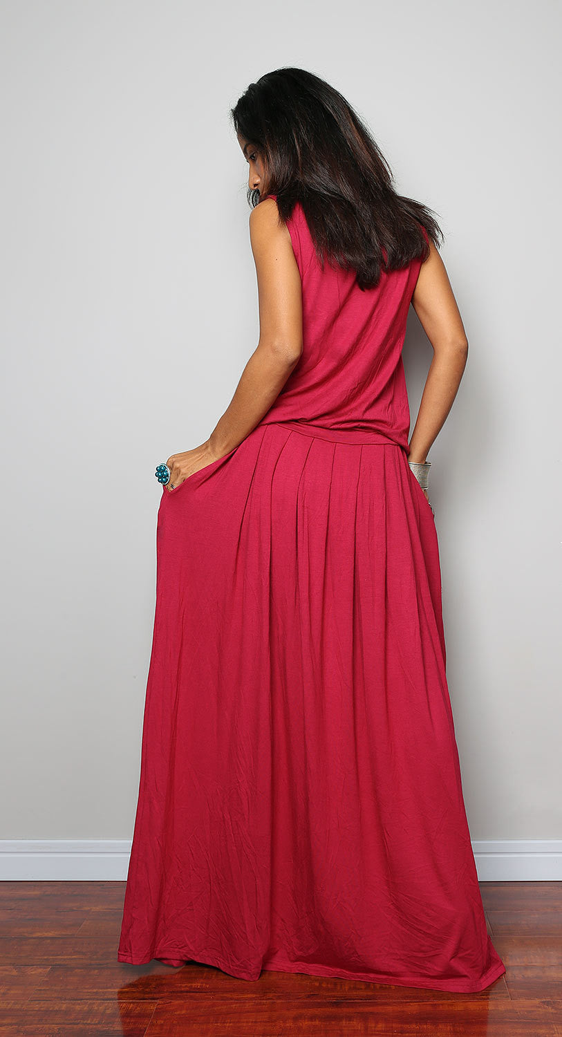 Sleeveless red maxi dress with pleated skirt, wine red dress, plus size dress by Nuichan