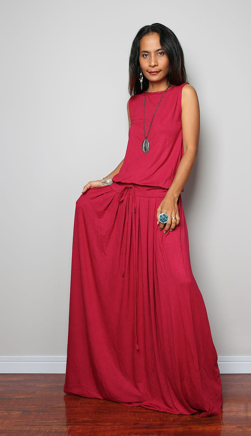 Sleeveless red maxi dress with pleated skirt, wine red dress, plus size dress by Nuichan