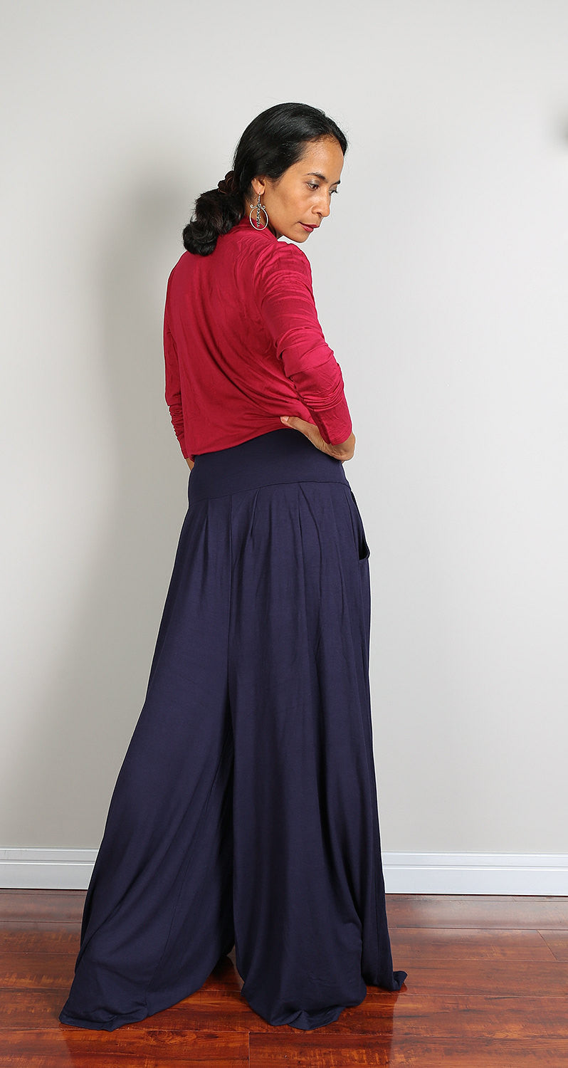 long blue pants, navy blue pants, wide leg pants, dark blue pants, high waist pants, blue pants by Nuichan