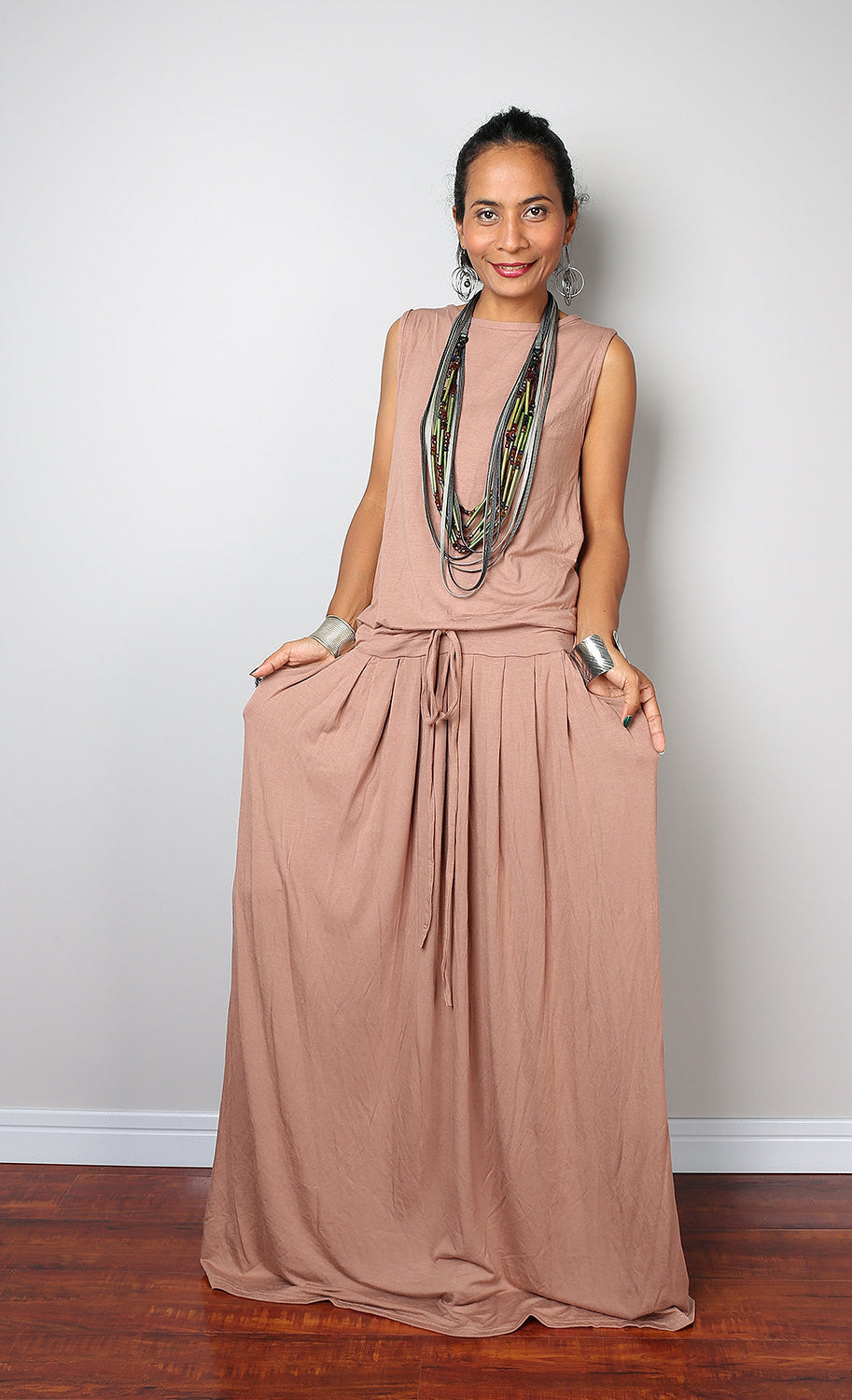 Sleeveless nude maxi dress with pleated skirt, light brown dress with pockets, nude plus size dress by Nuichan