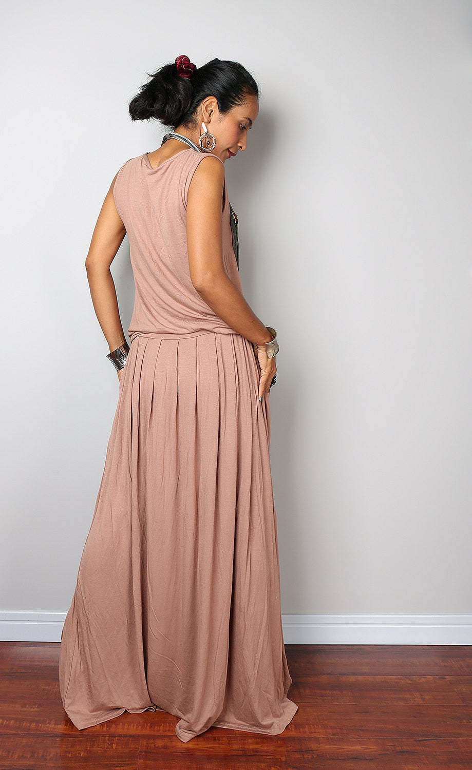 Sleeveless nude maxi dress with pleated skirt, light brown dress with pockets, nude plus size dress by Nuichan