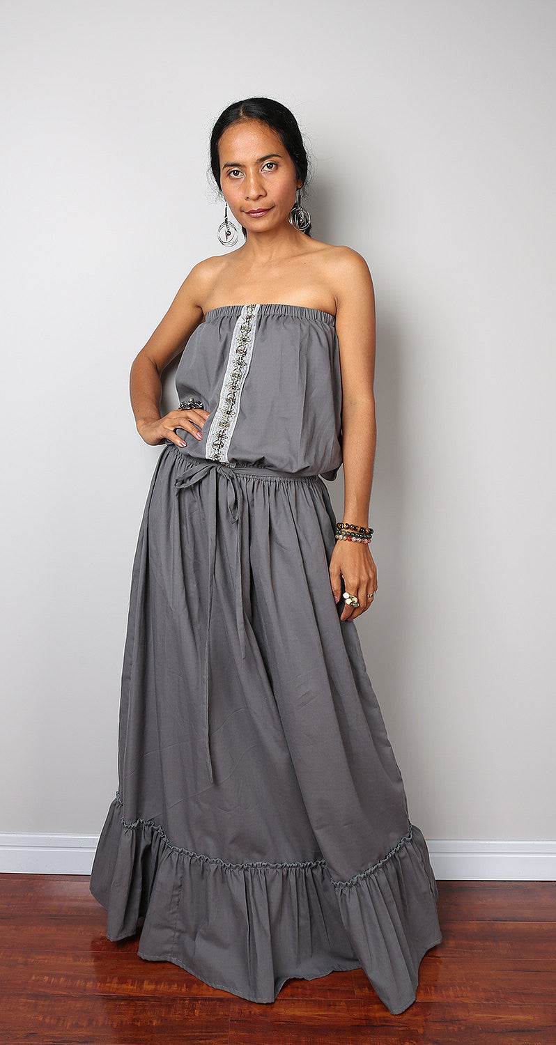 grey maxi dress, long grey dress, off the shoulder dress, grey dress, pleated skirt dress by Nuichan