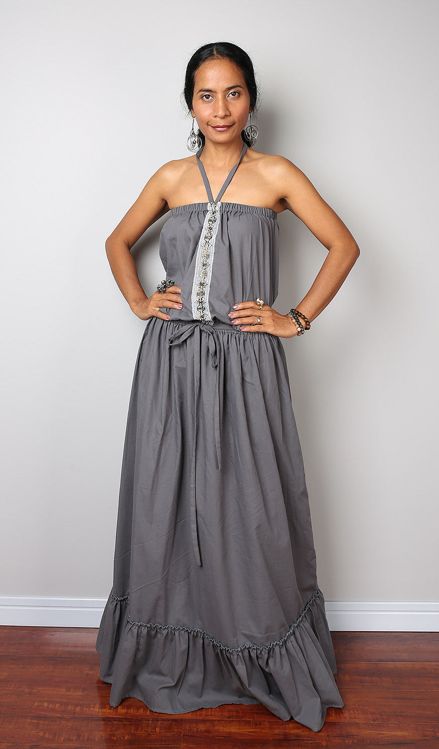 grey maxi dress, long grey dress, off the shoulder dress, grey dress, pleated skirt dress by Nuichan