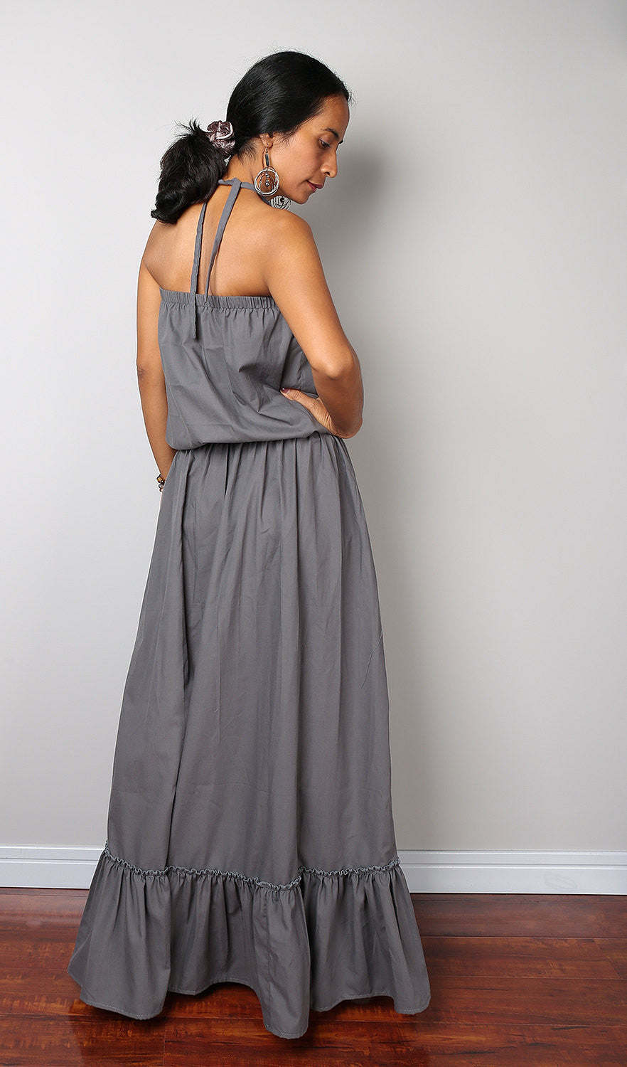 grey maxi dress, long grey dress, off the shoulder dress, grey dress, pleated skirt dress by Nuichan