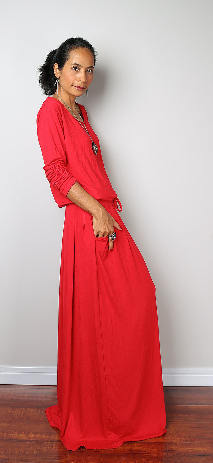 red dress, red maxi dress, long sleeve red dress, bright red dress, long red dress, pleated dress, high waist dress, dress with pockets by Nuichan