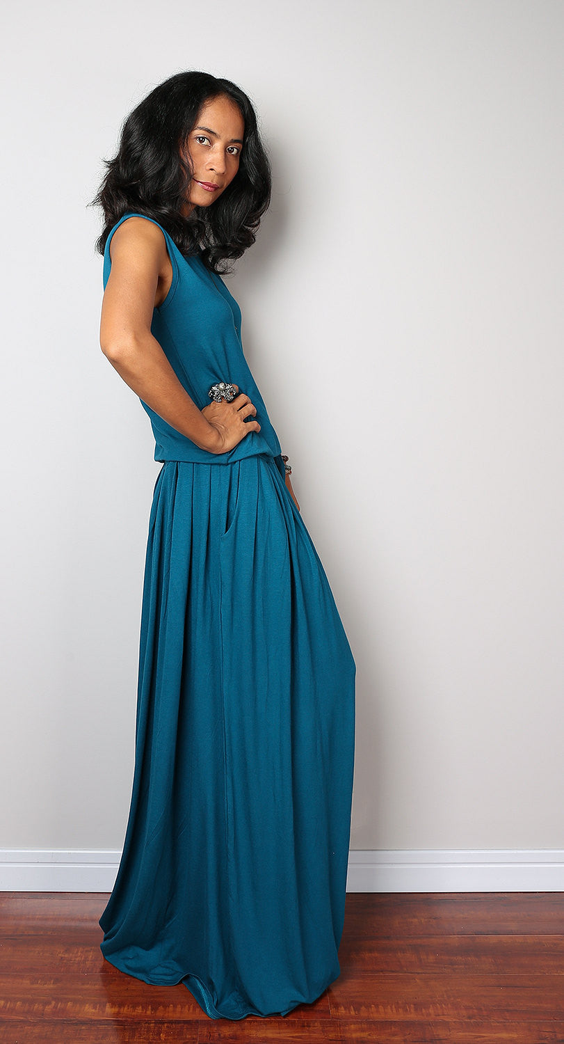 Plus size sleeveless teal dress, teal maxi dress by Nuichan