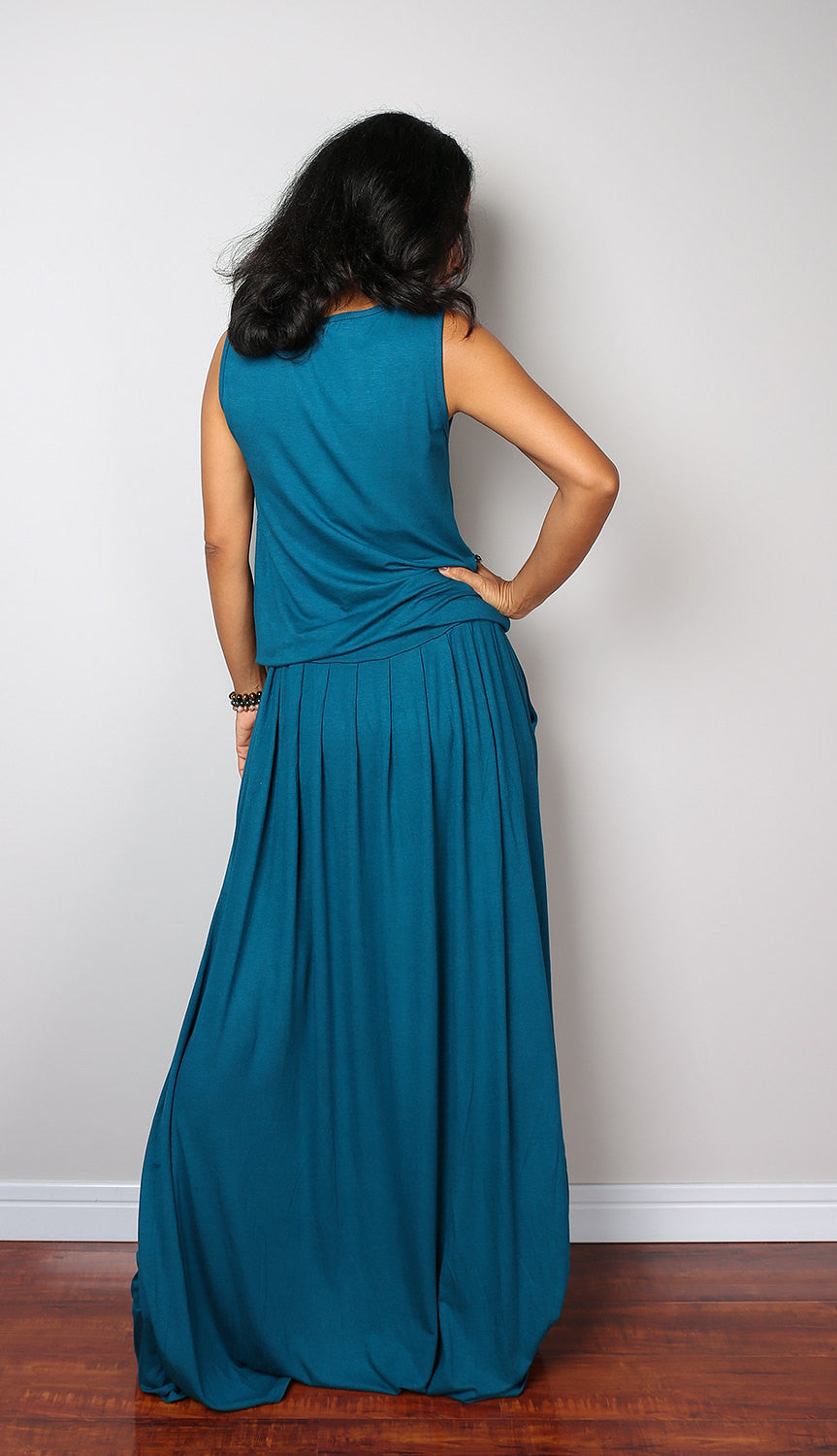 Plus size sleeveless teal dress, teal maxi dress by Nuichan