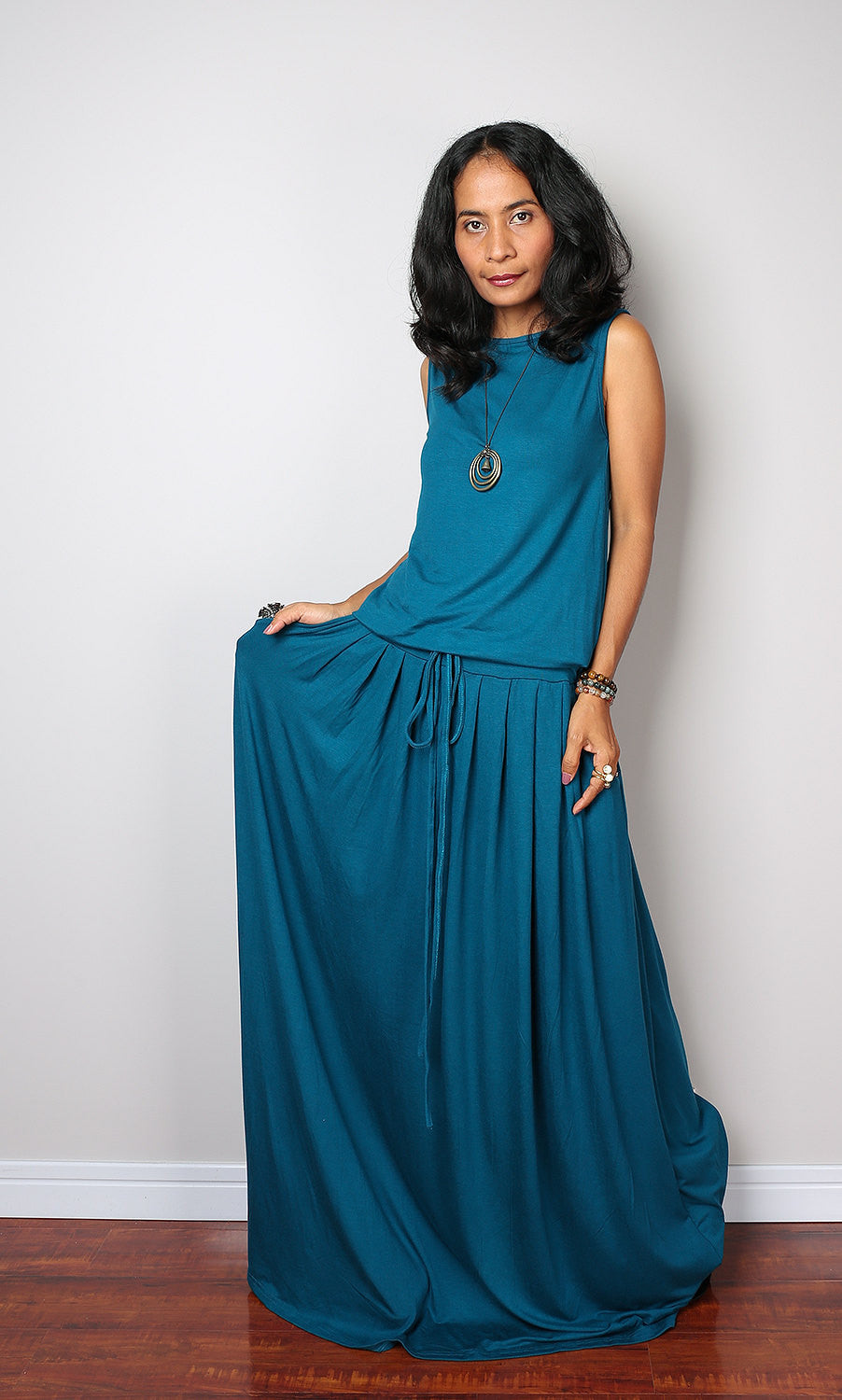 Plus size sleeveless teal dress, teal maxi dress by Nuichan