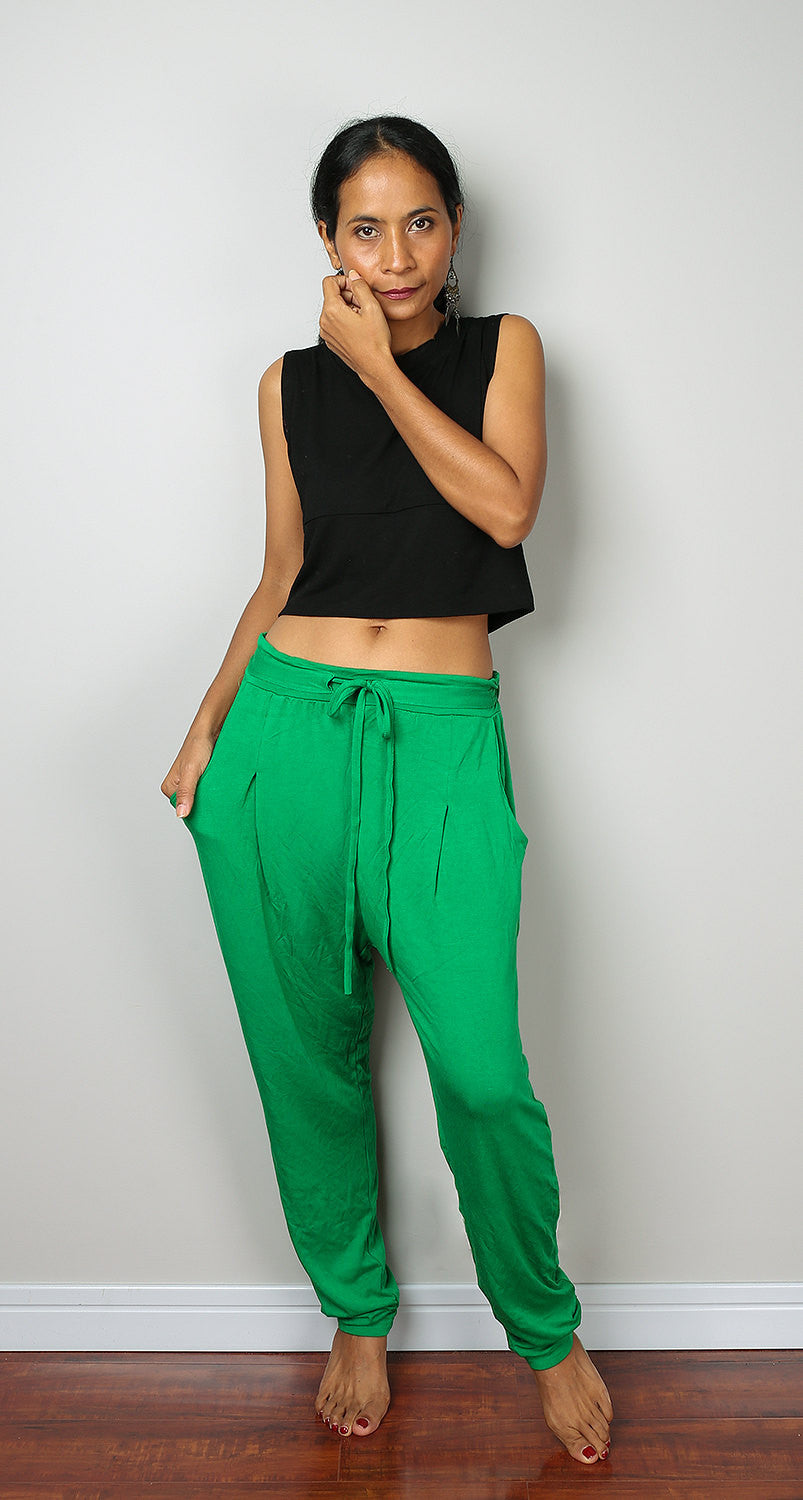 green pants, comfy green pants, loose fit pants, green harem pants, low crotch pants by Nuichan