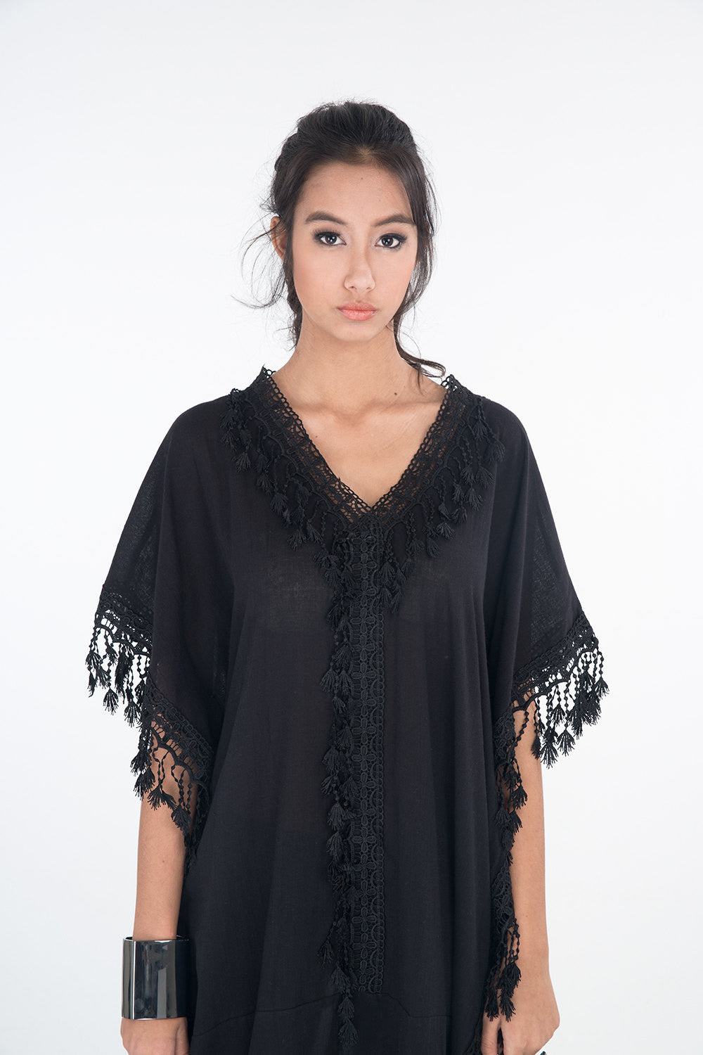 black kaftan dress, medium length kaftan, black kaftan, cotton and lace kaftan, summer kaftan, black boho kaftan, kaftan tunic by Nuichan