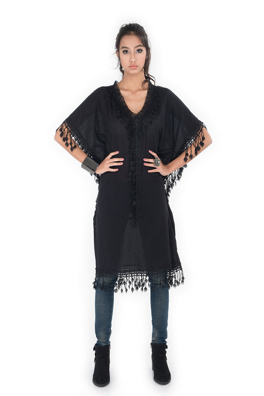 black kaftan dress, medium length kaftan, black kaftan, cotton and lace kaftan, summer kaftan, black boho kaftan, kaftan tunic by Nuichan