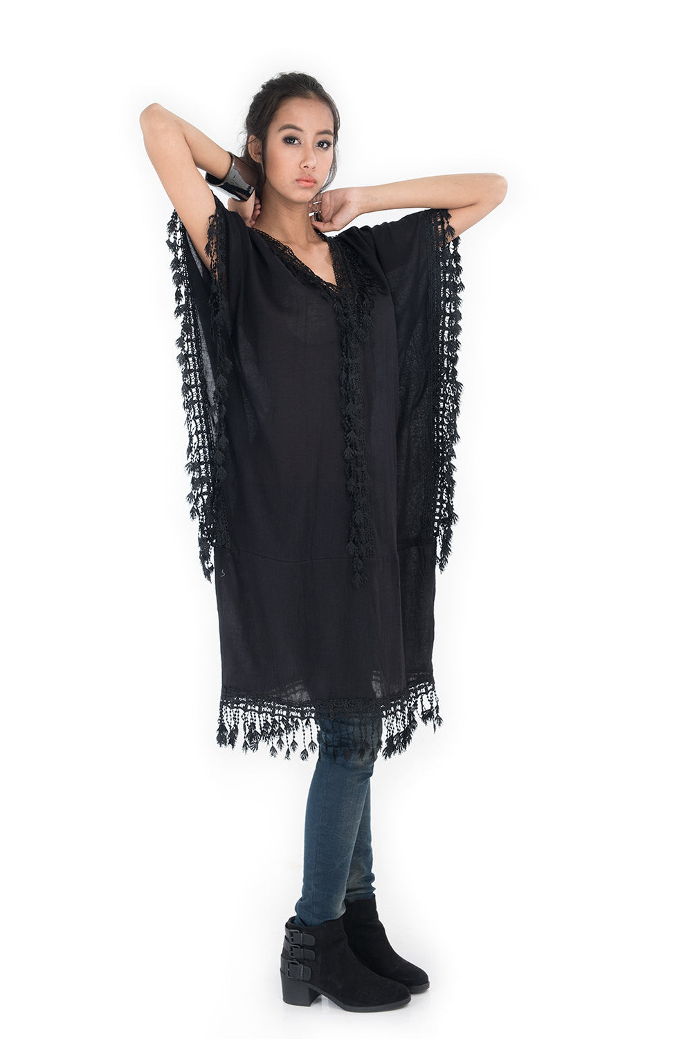 black kaftan dress, medium length kaftan, black kaftan, cotton and lace kaftan, summer kaftan, black boho kaftan, kaftan tunic by Nuichan