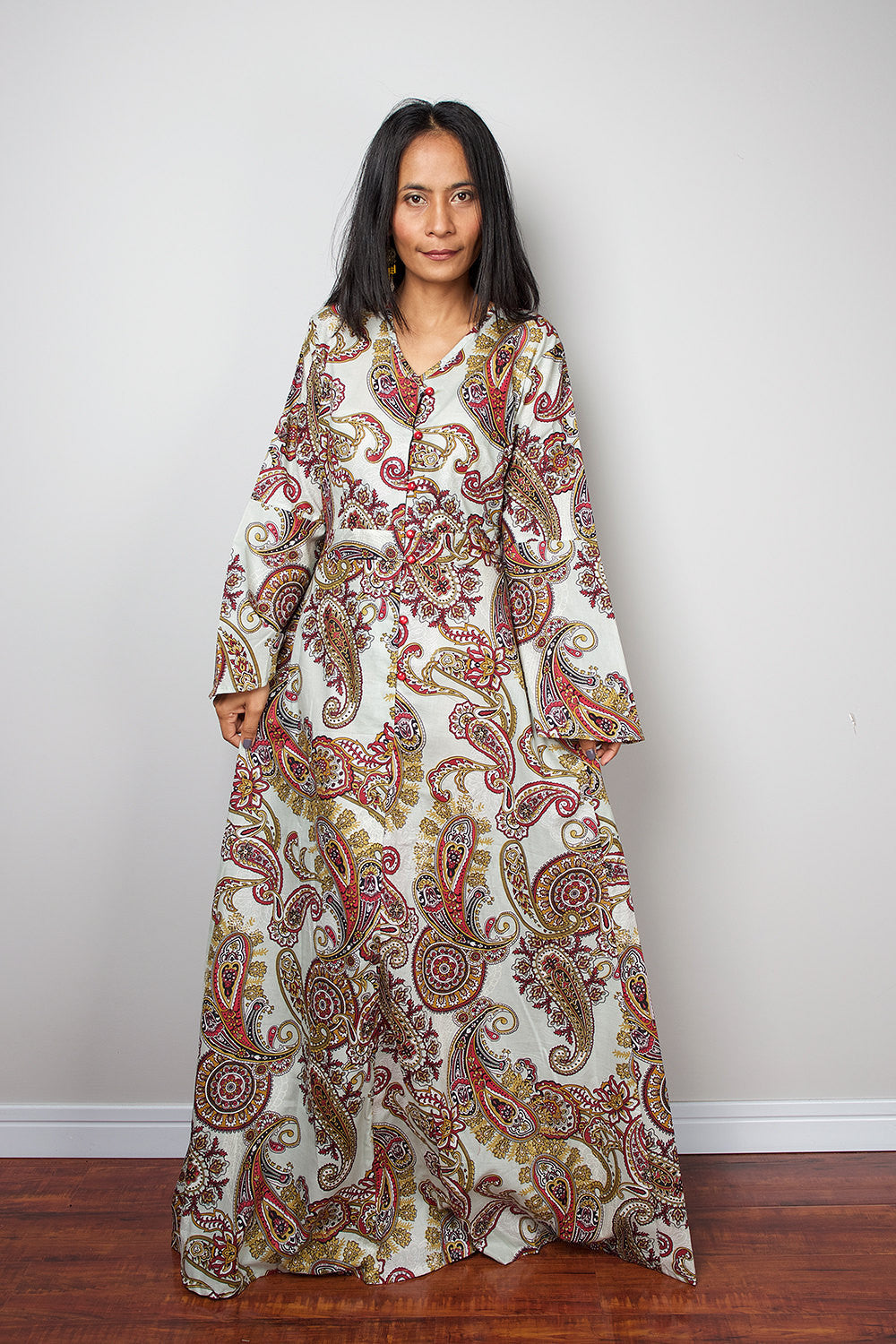 paisley boho dress, long sleeve dress, loose fit dress, boho maxi dress by Nuichan