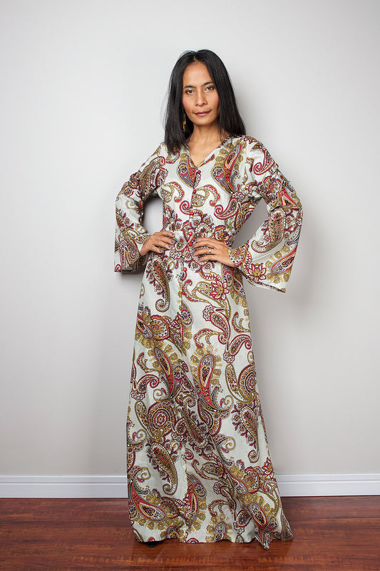 paisley boho dress, long sleeve dress, loose fit dress, boho maxi dress by Nuichan