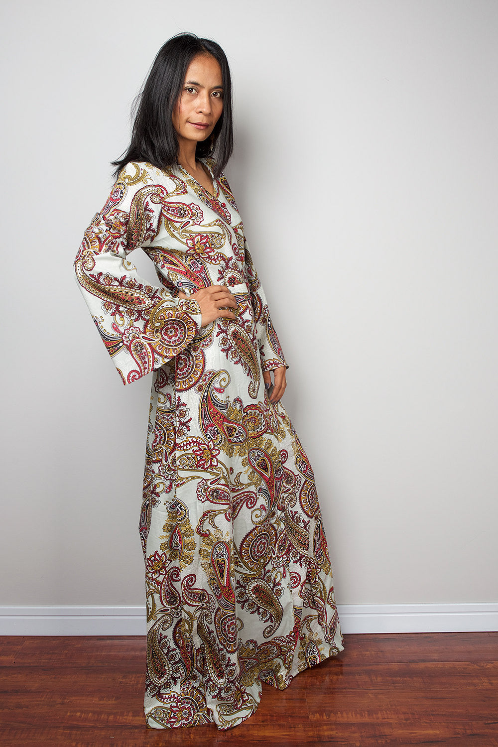 paisley boho dress, long sleeve dress, loose fit dress, boho maxi dress by Nuichan