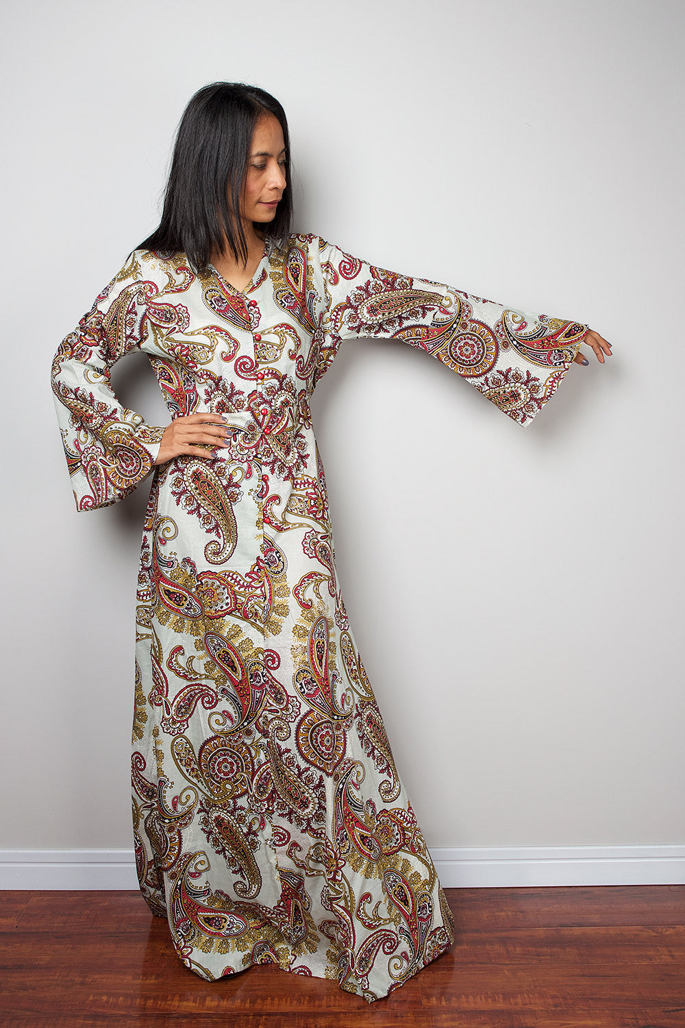 paisley boho dress, long sleeve dress, loose fit dress, boho maxi dress by Nuichan