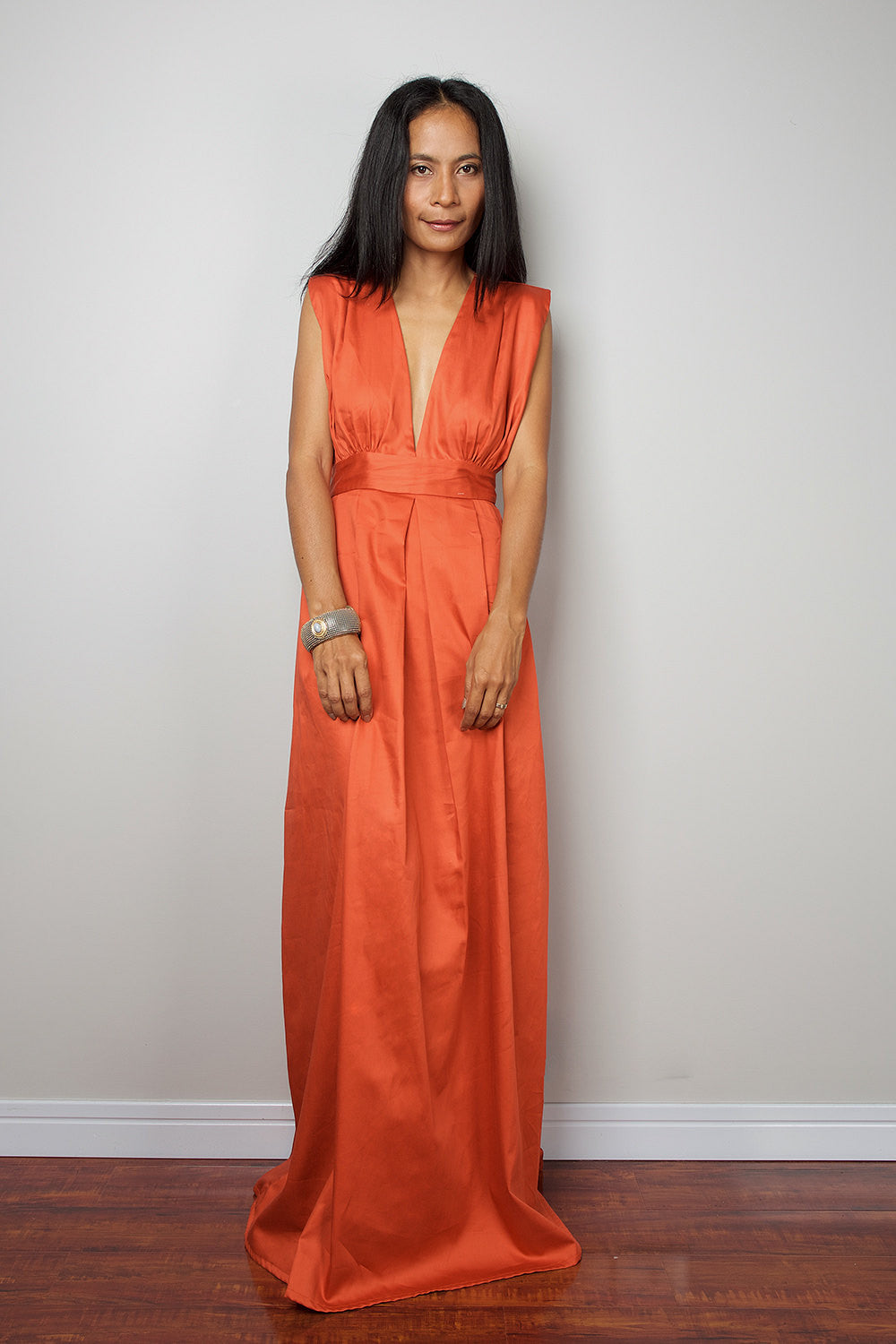 orange maxi dress, pleated skirt dress, sleeveless orange dress, bridesmaid dress, plunging neckline dress, empire waist dress, long orange dress by Nuichan