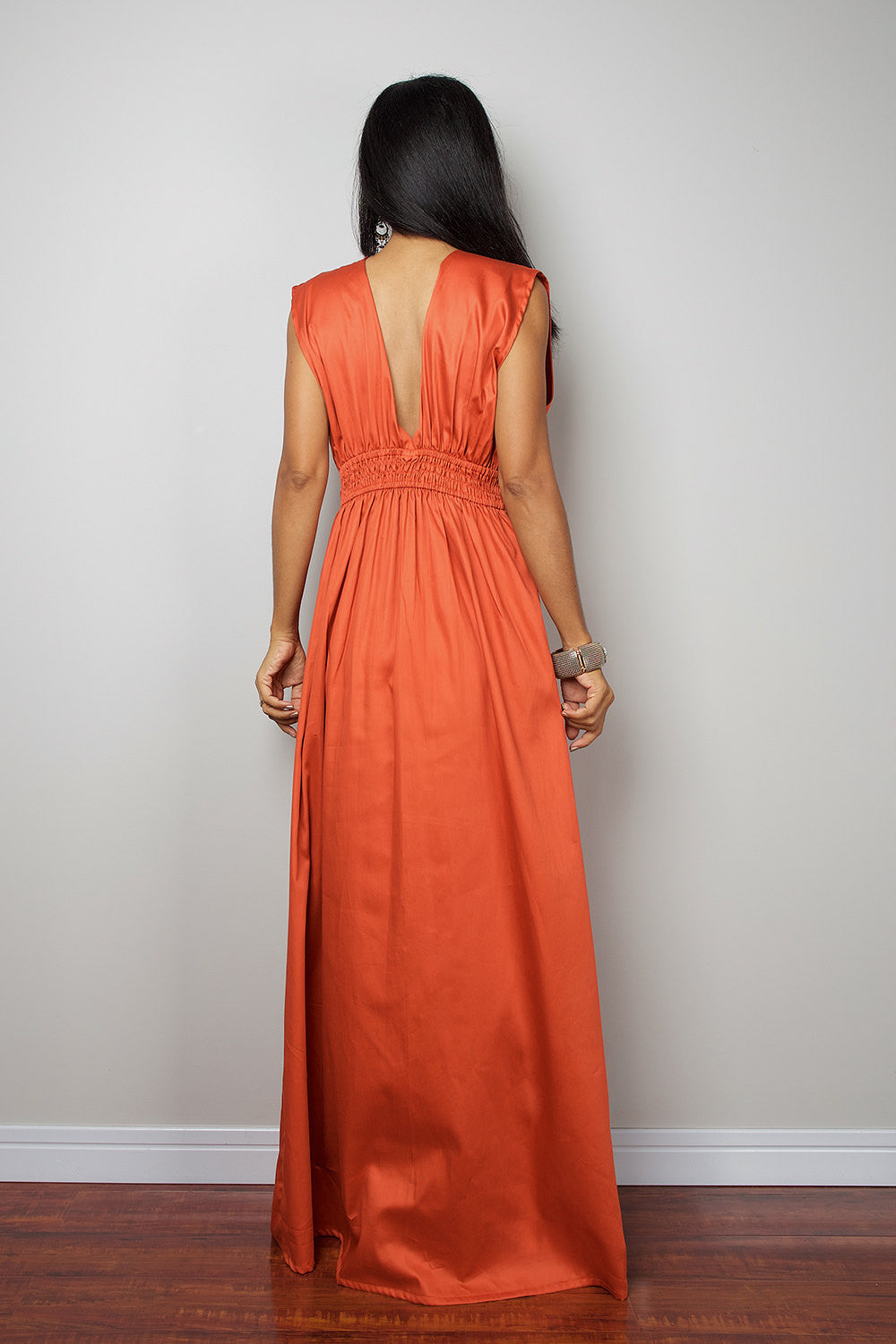 orange maxi dress, pleated skirt dress, sleeveless orange dress, bridesmaid dress, plunging neckline dress, empire waist dress, long orange dress by Nuichan