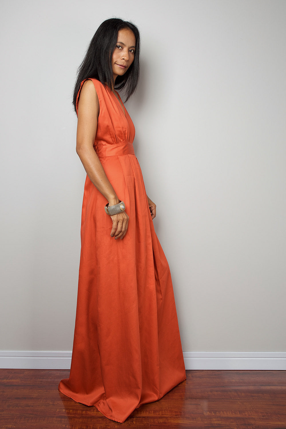 orange maxi dress, pleated skirt dress, sleeveless orange dress, bridesmaid dress, plunging neckline dress, empire waist dress, long orange dress by Nuichan