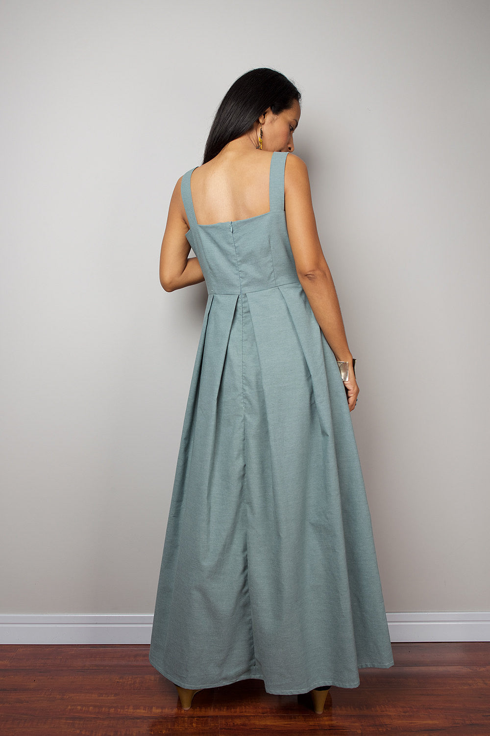 high waist denim dress with modest neckline, blue-green denim dress by Nuichan