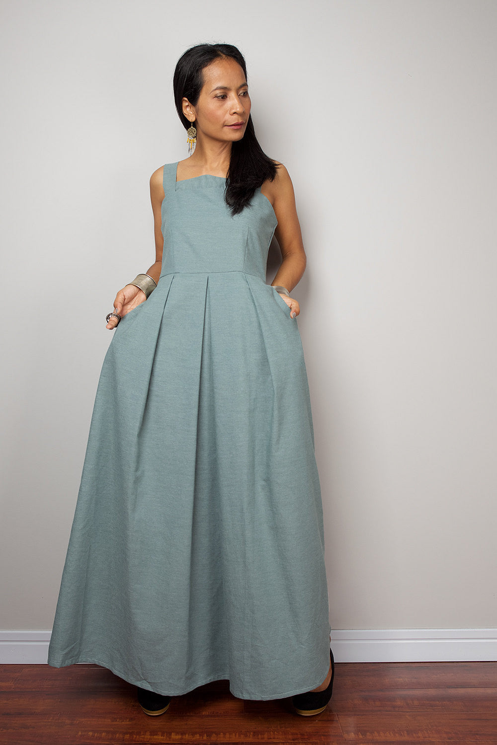 high waist denim dress with modest neckline, blue-green denim dress by Nuichan