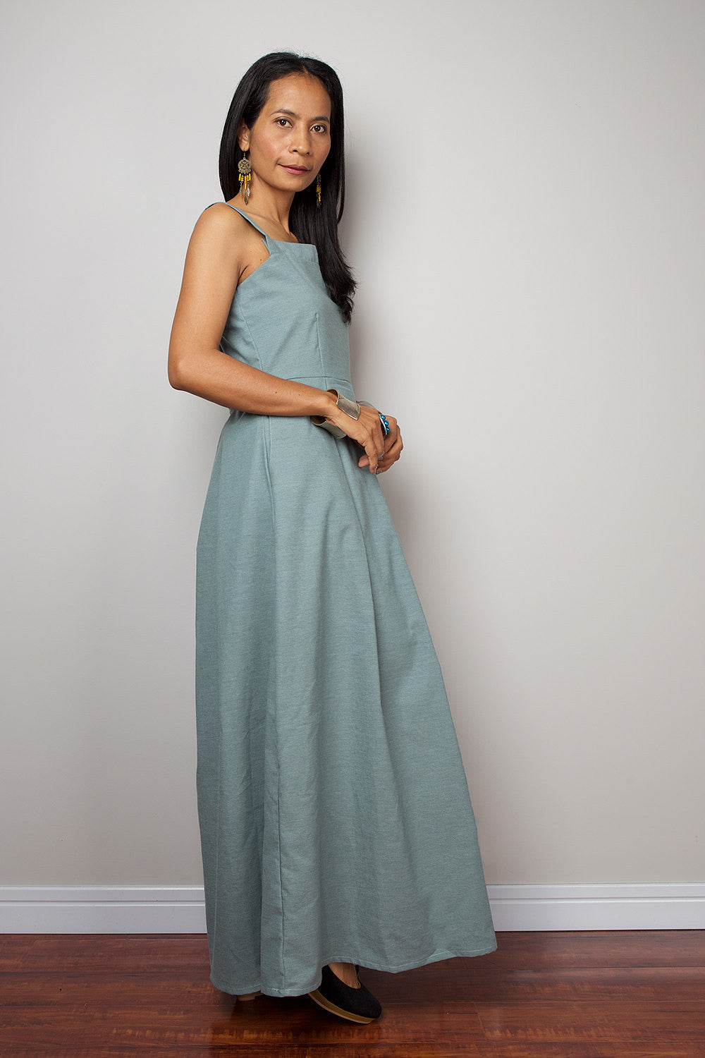 high waist denim dress with modest neckline, blue-green denim dress by Nuichan