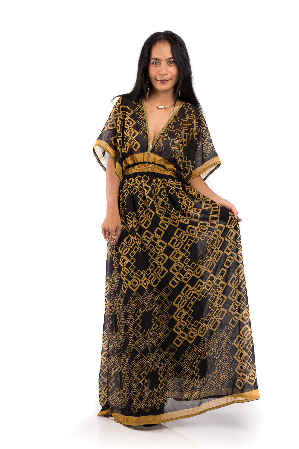 Boho summer dress.  Chiffon maxi dress with plunging neck line on front and back.  Golden yellow print on black fabric.  Smocked waist to ensure good fit.  Kimono inspired dress by Nuichan