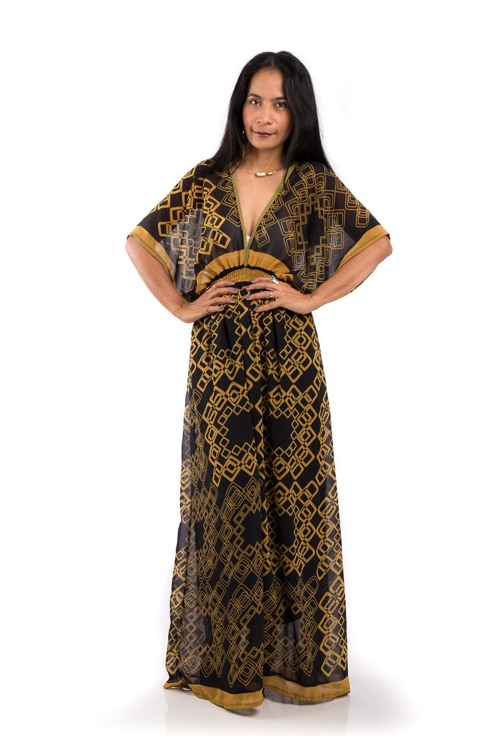 Boho summer dress.  Chiffon maxi dress with plunging neck line on front and back.  Golden yellow print on black fabric.  Smocked waist to ensure good fit.  Kimono inspired dress by Nuichan