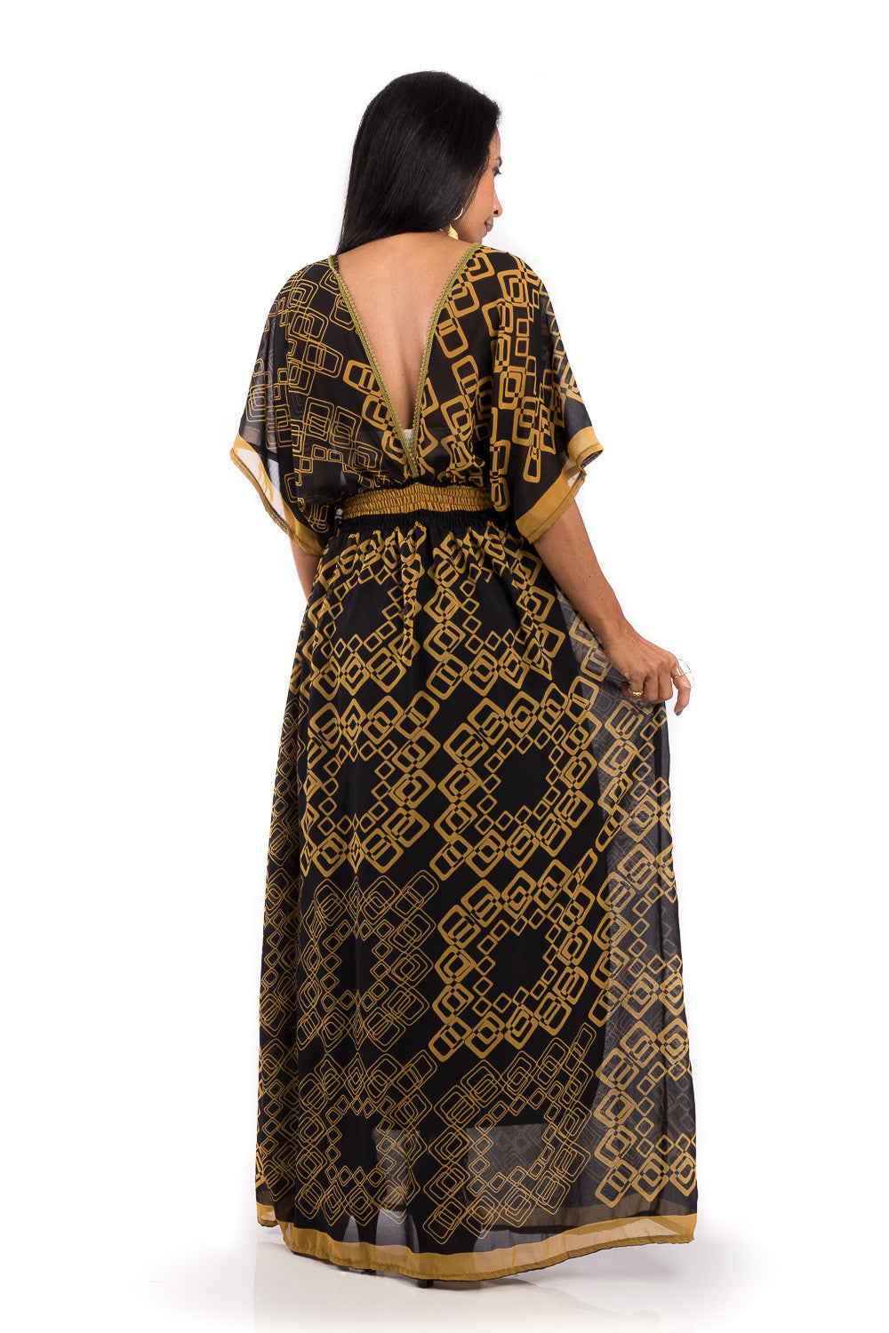 Boho summer dress.  Chiffon maxi dress with plunging neck line on front and back.  Golden yellow print on black fabric.  Smocked waist to ensure good fit.  Kimono inspired dress by Nuichan