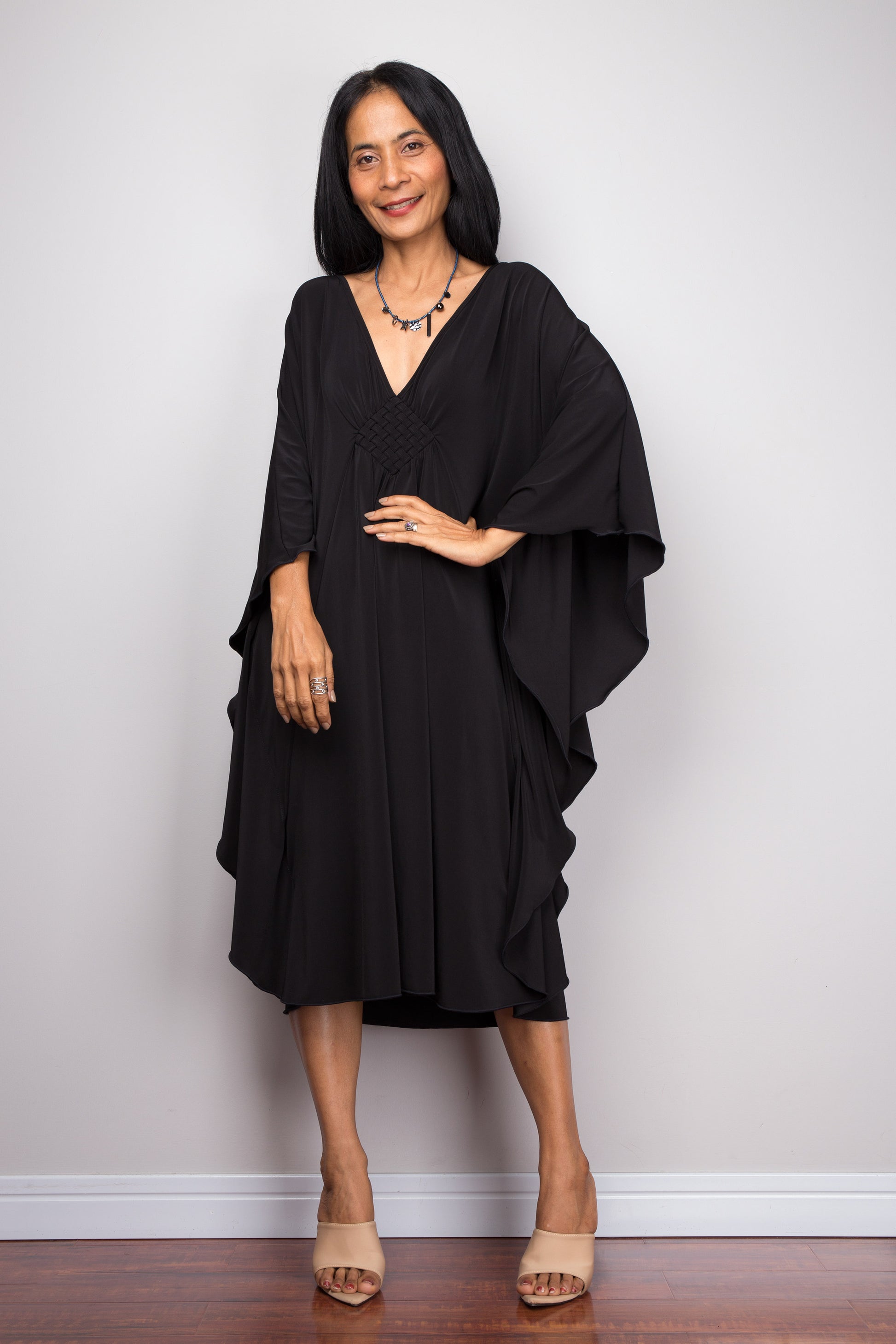 Shop black short dress online.  Black caftan dress by Nuichan