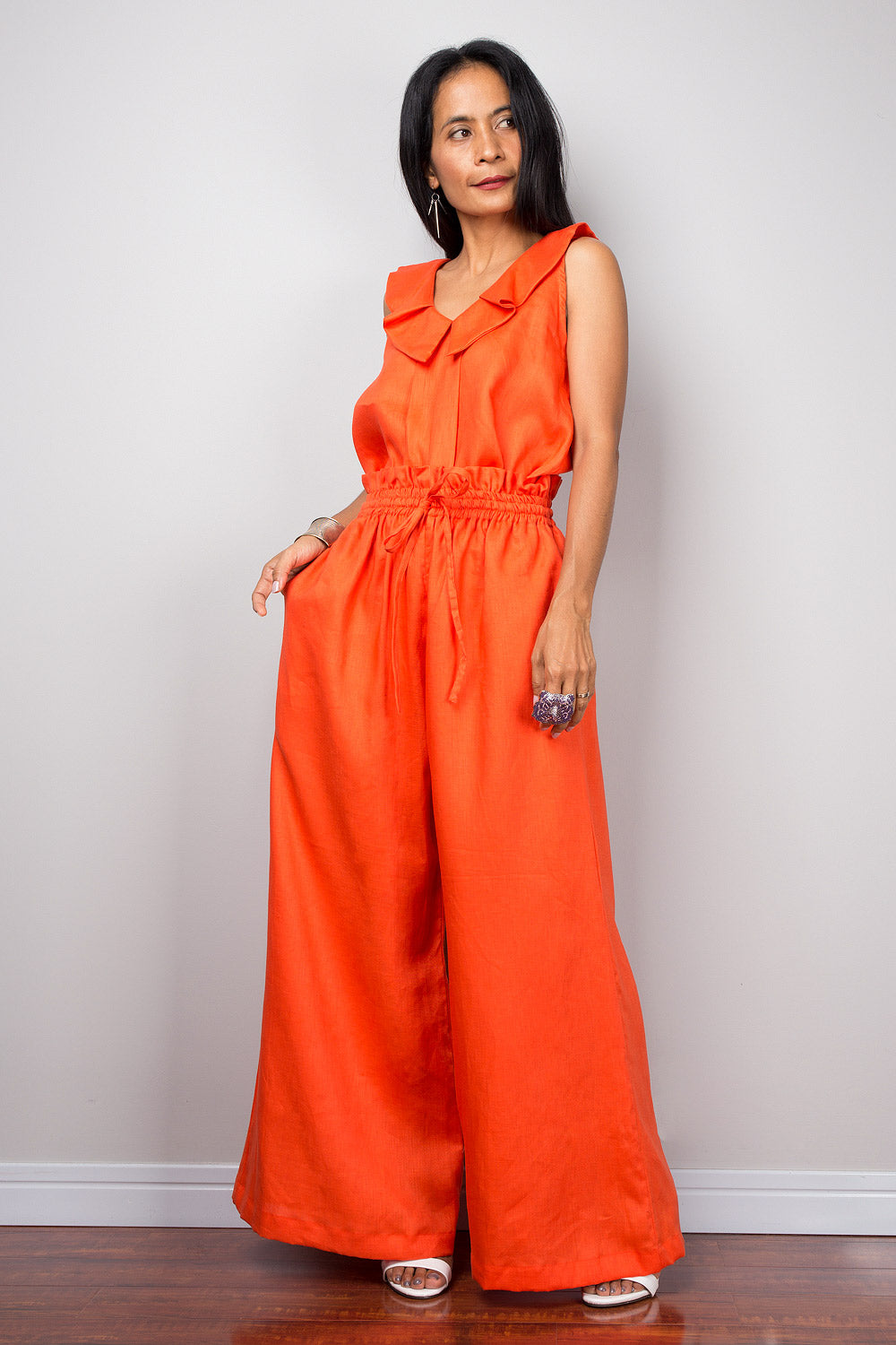 Orange linen wide leg palazzo pants